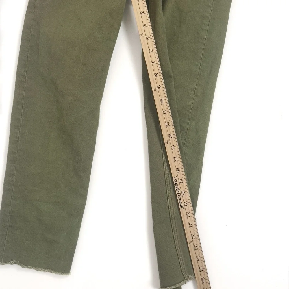 RE/DONE High Rise Ankle Crop Jeans Olive‎ Green Button Fly Raw Hem Denim Size 28